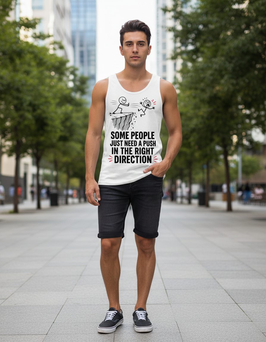 Some People Just Need a Push in the Right Direction Funny Sarcastic Humor Tank Top - lifestyle model mockup - White