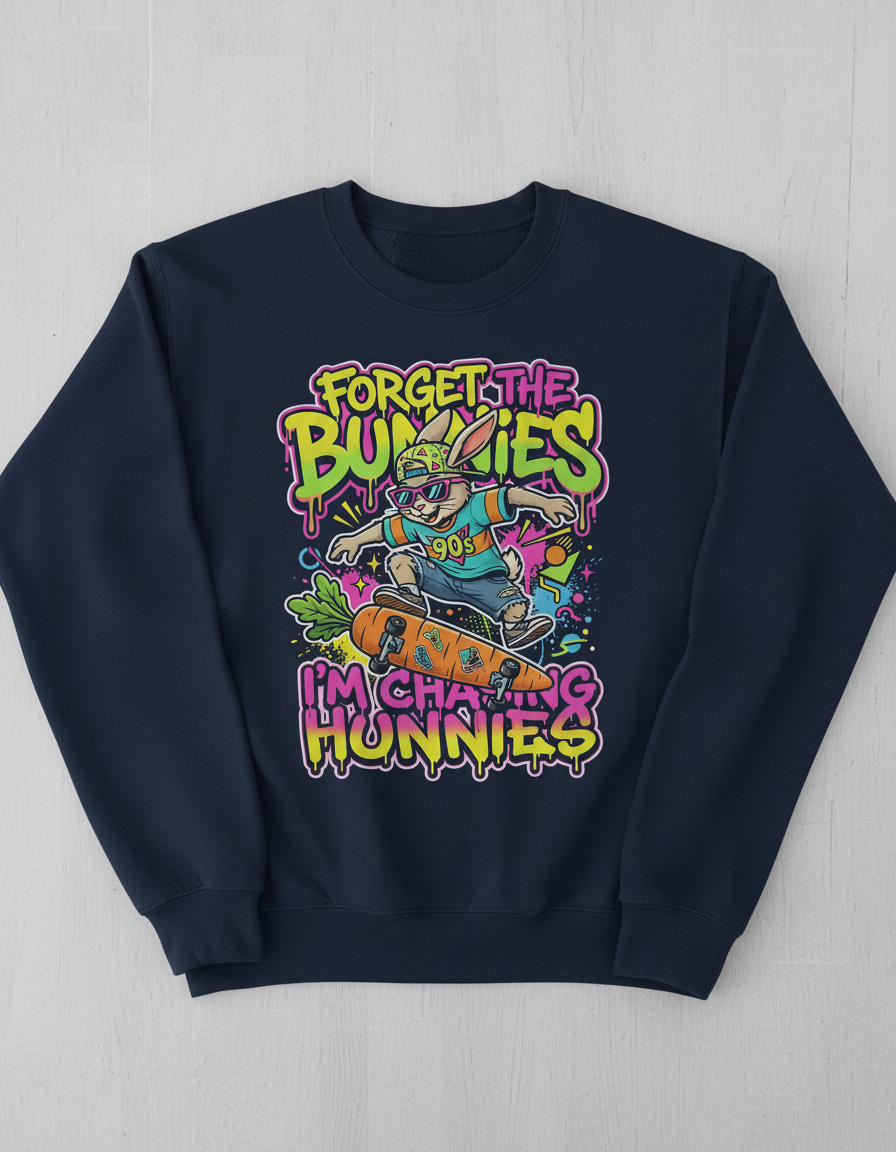 Funny 90s Skater Rabbit Chasing Hunnies Sweatshirt - Navy
