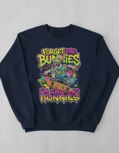 Funny 90s Skater Rabbit Chasing Hunnies Sweatshirt - Navy
