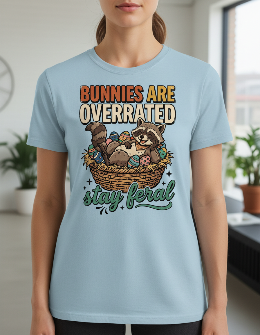 Bunnies Are Overrated Stay Feral Raccoon Easter Design T-Shirt - Light Blue