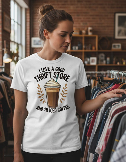 I Love a Good Thrift Store and 8 Iced Coffee coffee and thrifting T-Shirt White lifestyle mockup