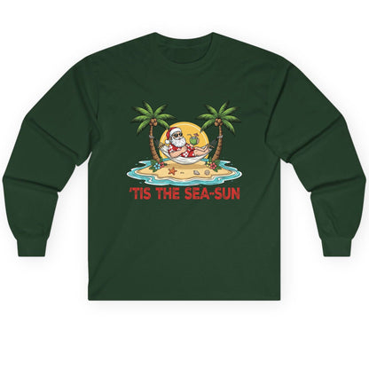 'Tis the Sea-Sun santa claus on a tropical vacation Long Sleeve Tee Forest Green product mockup