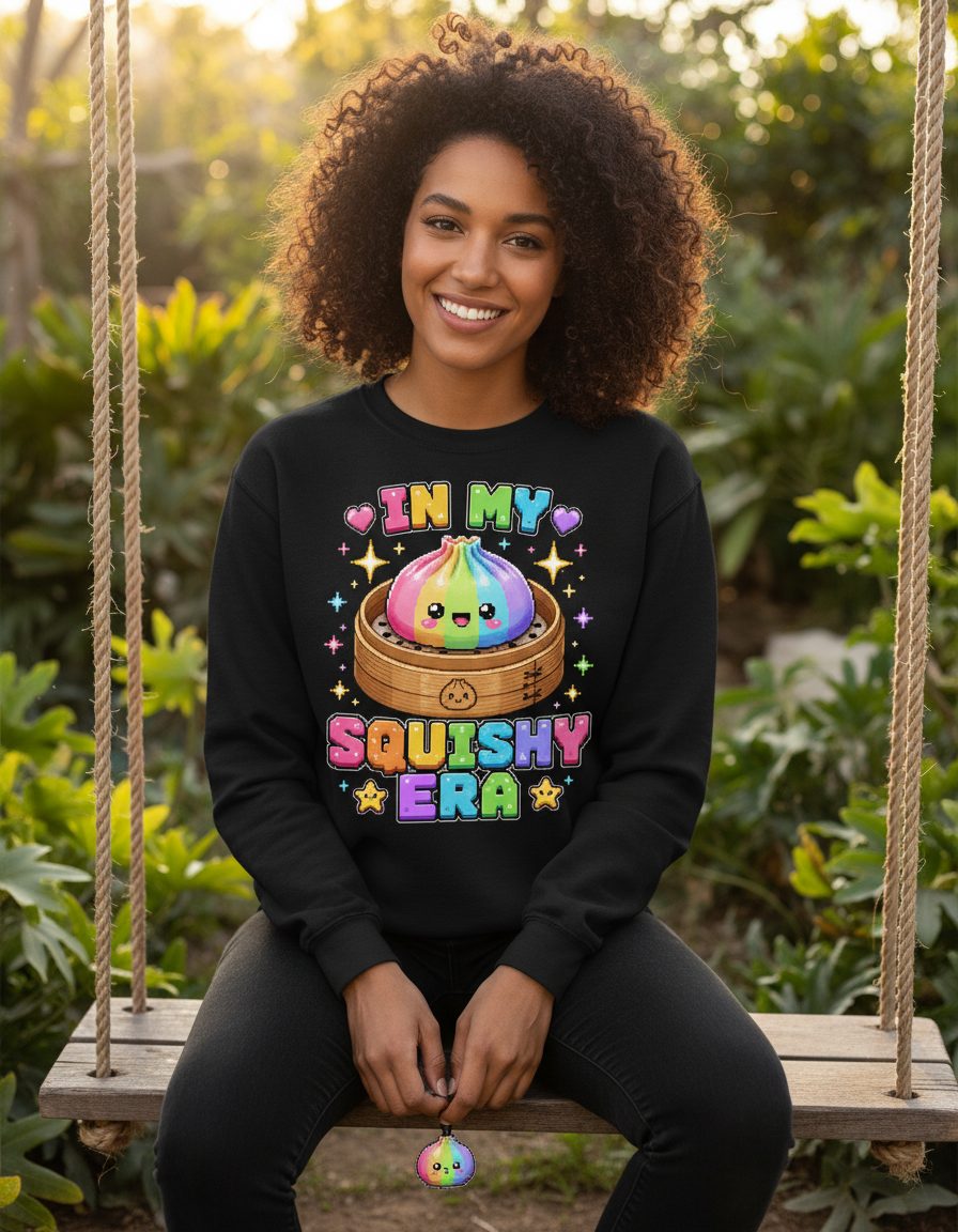 In My Squishy Era Retro Kawaii Dumpling Sweatshirt - lifestyle model mockup - Black