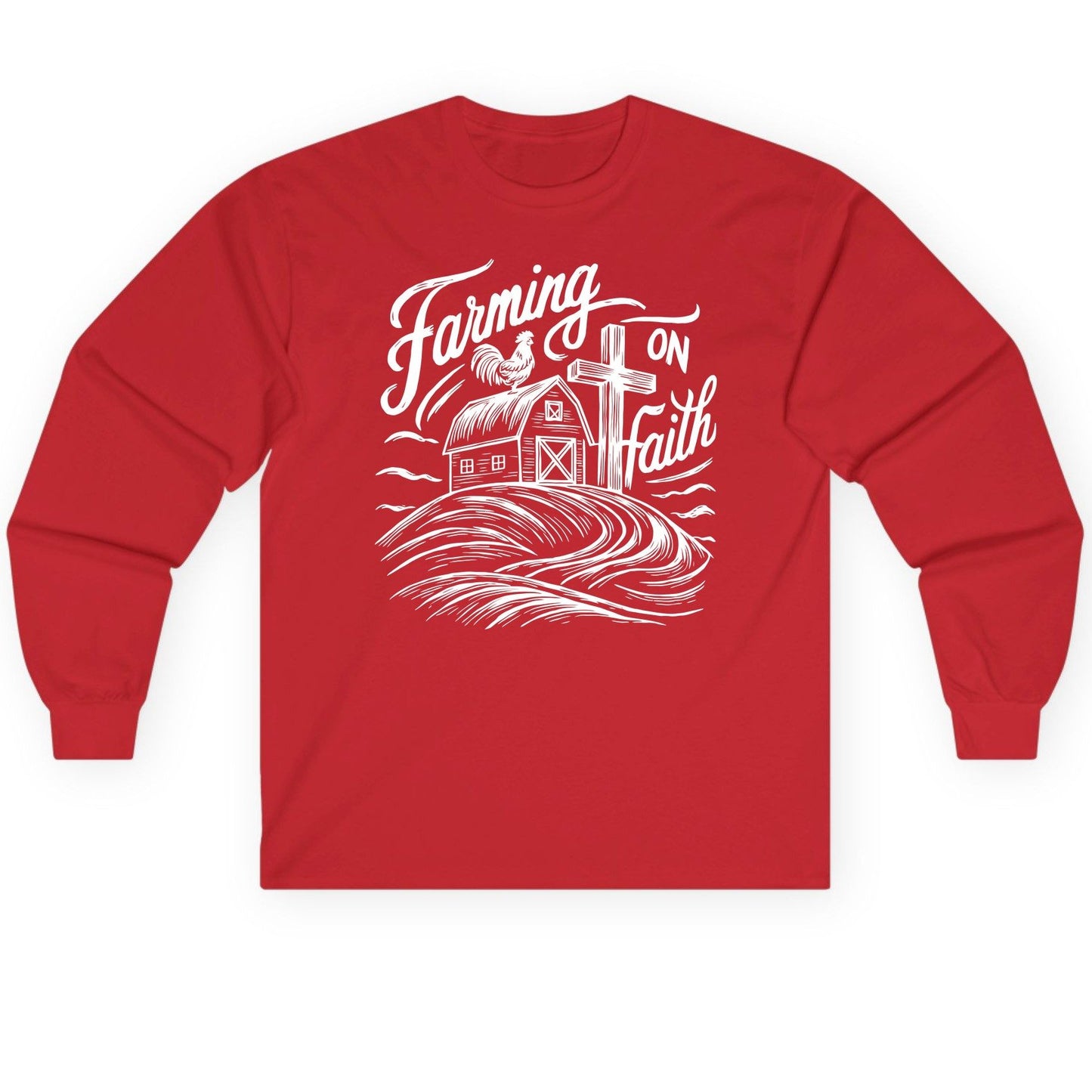 Farming on Faith christian farming Long Sleeve Tee Red product mockup