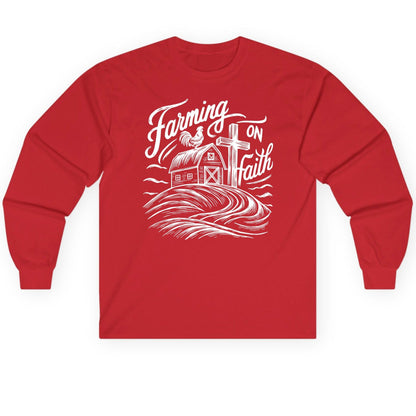 Farming on Faith christian farming Long Sleeve Tee Red product mockup