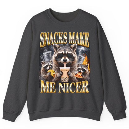 SNACKS MAKE ME NICER Funny Raccoon Sweatshirt - product mockup - Dark Heather