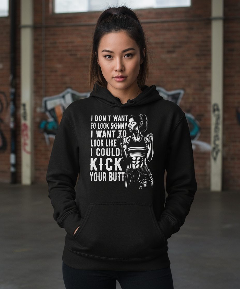 I Don't Want to Look Skinny I Want to Look Like I Could Kick Your Butt women's fitness Hoodie Black lifestyle mockup