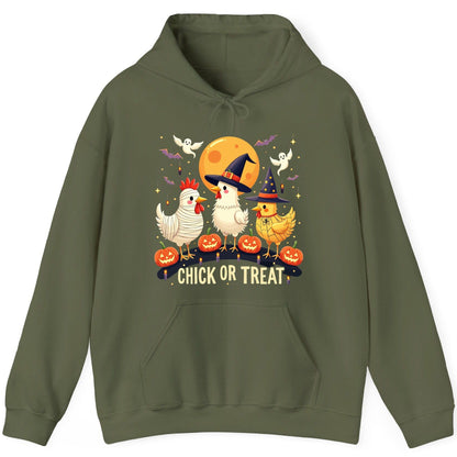Chick or Treat Halloween chickens Hoodie Military Green product mockup