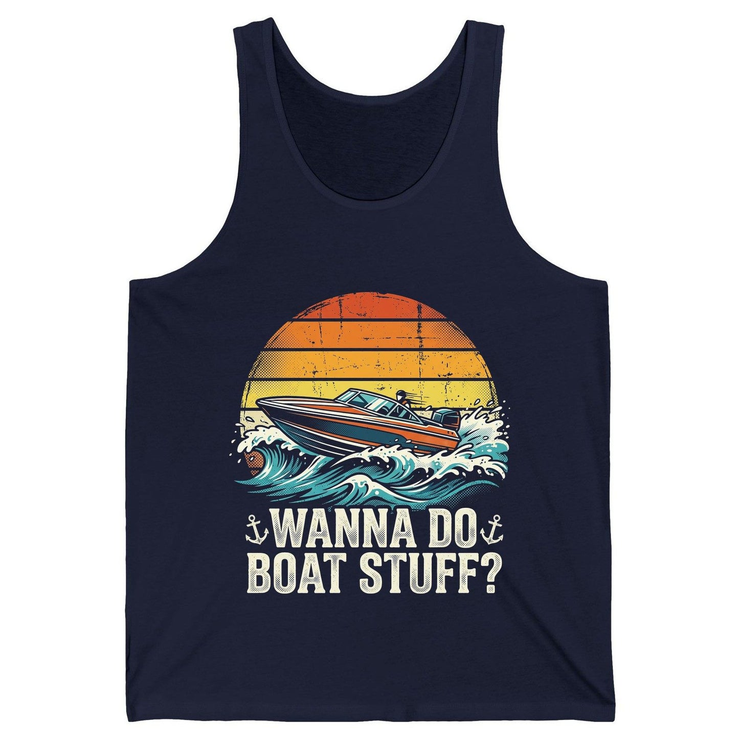 WANNA DO BOAT STUFF Funny Boating Tank Top - product mockup - Navy