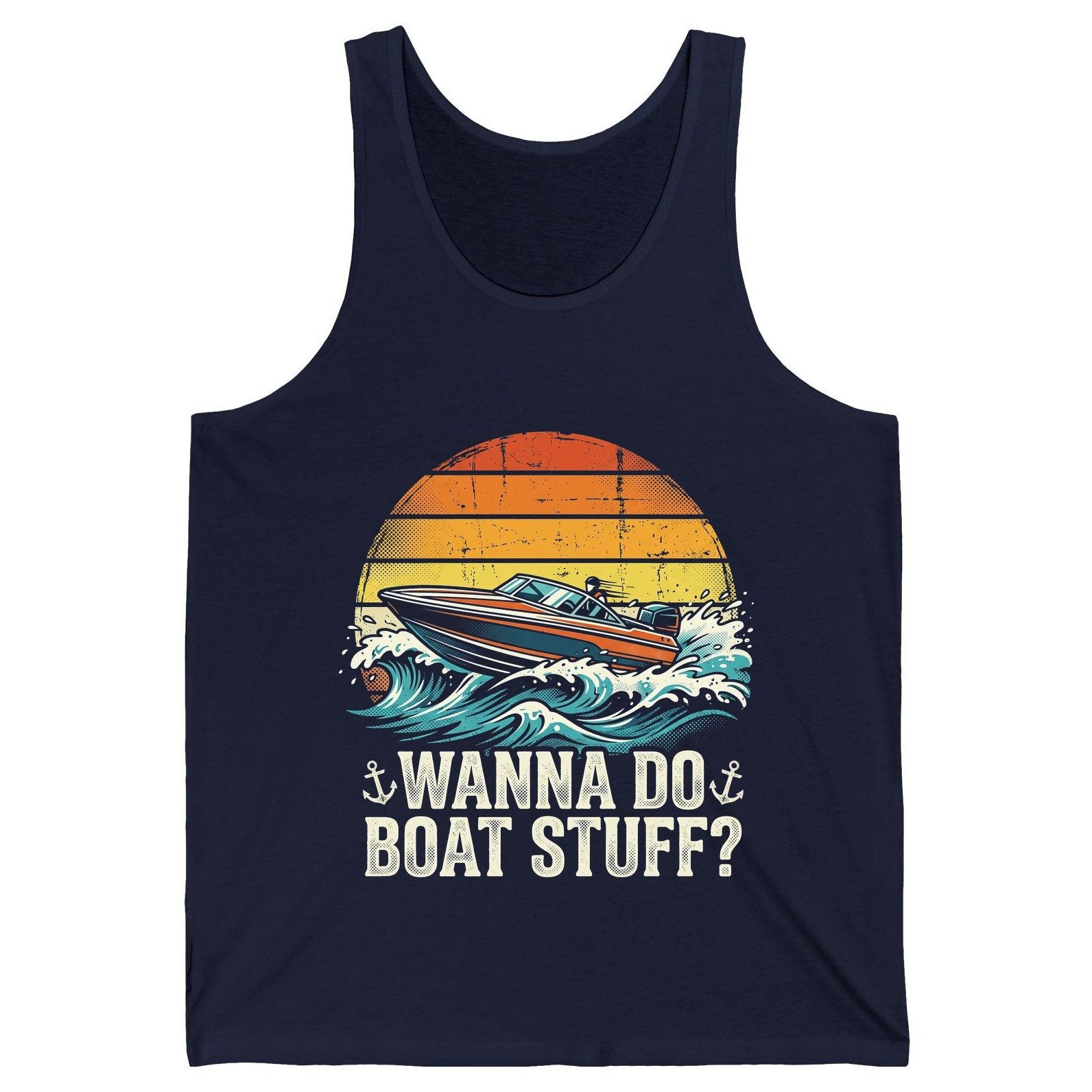 WANNA DO BOAT STUFF Funny Boating Tank Top - product mockup - Navy