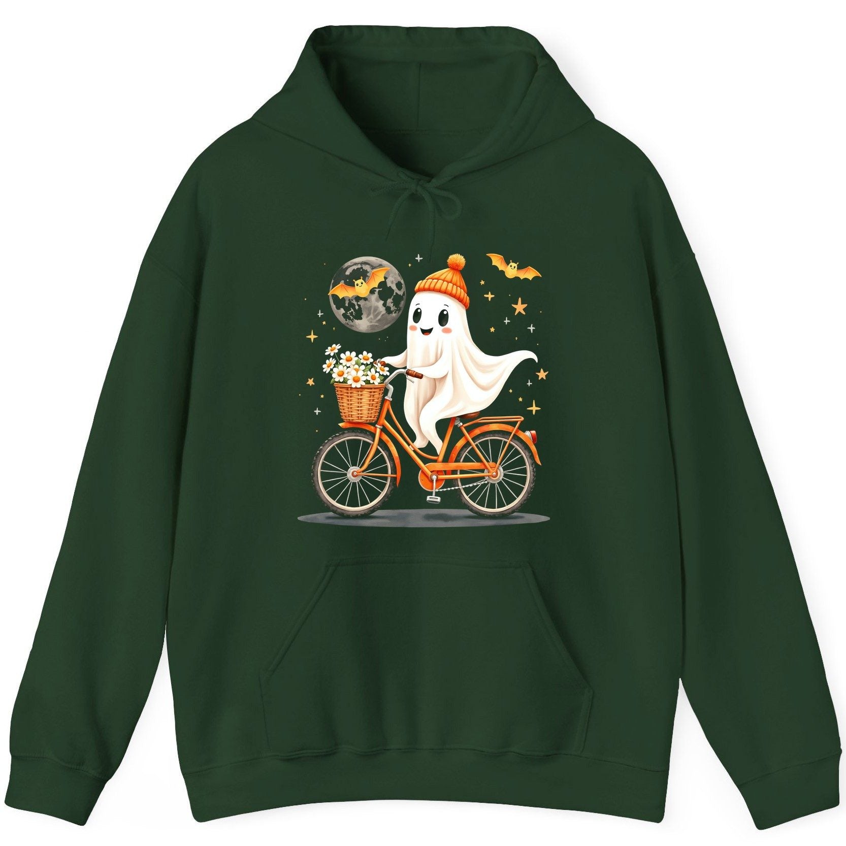 Cute Ghost on Bicycle cute ghost Hoodie Forest Green product mockup