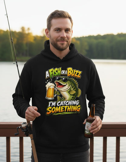 A FISH OR a BUZZ I'M Catching Something Funny Fishing Hoodie - lifestyle model mockup - Black