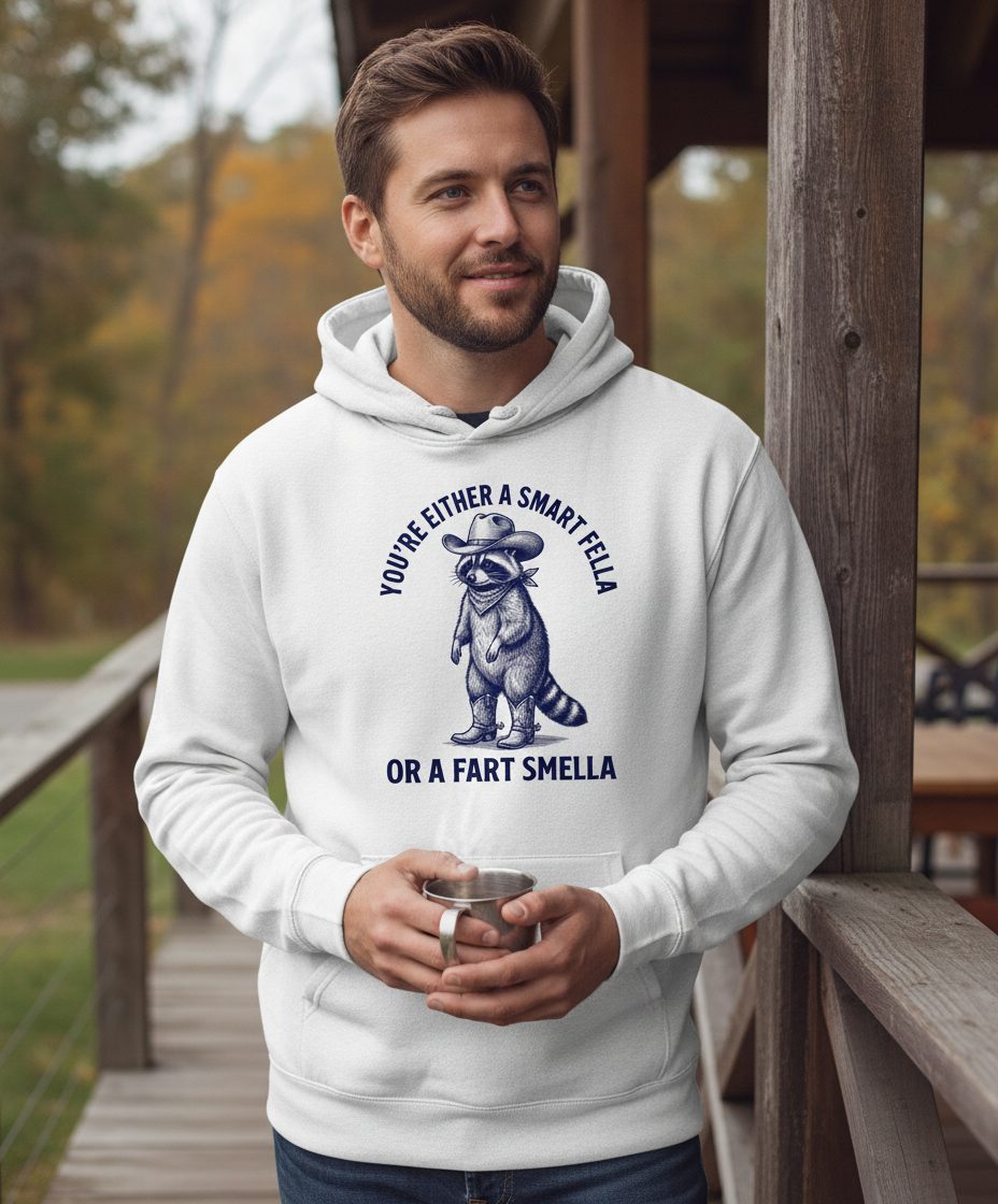 You're Either a Smart Fella or a Fart Smella cowboy raccoon Hoodie White lifestyle mockup