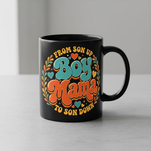 From Son Up to Son Down Boy Mama Retro Mothers of Sons Black Mug - product mockup - Black