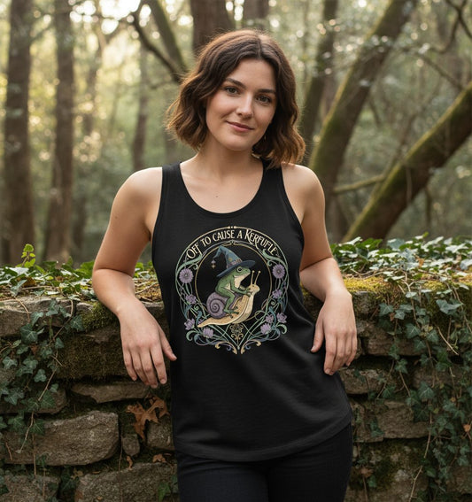 Off to Cause a Kerfuffle frog riding a snail Tank Top Black lifestyle mockup