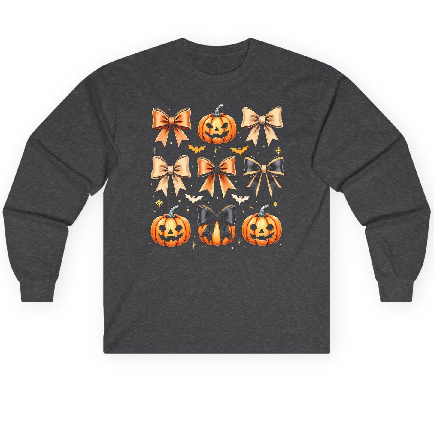 Cute Halloween Pumpkins and Bows Halloween Long Sleeve Tee Dark Heather product mockup