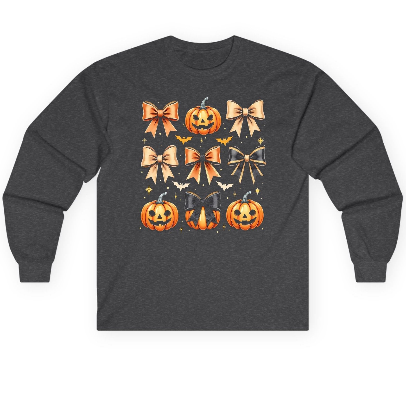Cute Halloween Pumpkins and Bows Halloween Long Sleeve Tee Dark Heather product mockup
