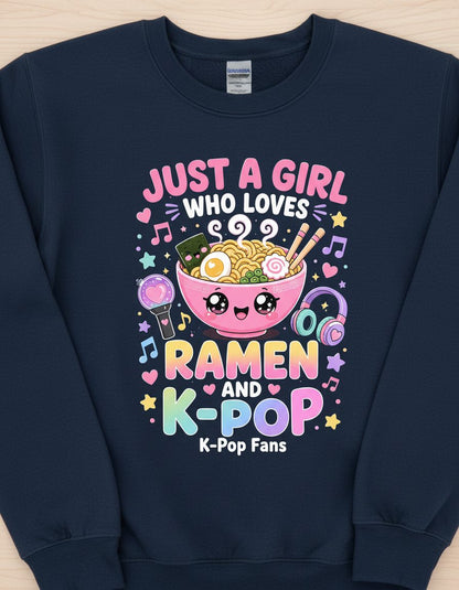 Just a Girl Who Loves Ramen and K-Pop K-Pop Fans Sweatshirt - product mockup - Navy