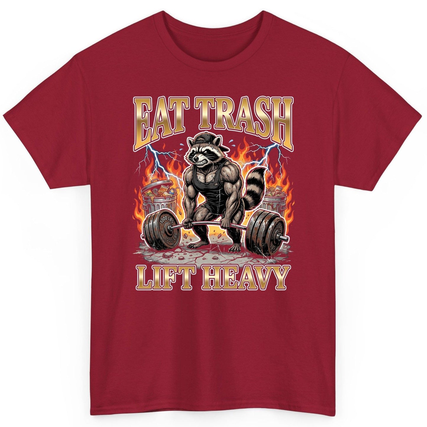 Eat Trash Lift Heavy weightlifting raccoon T-Shirt Cardinal Red product mockup