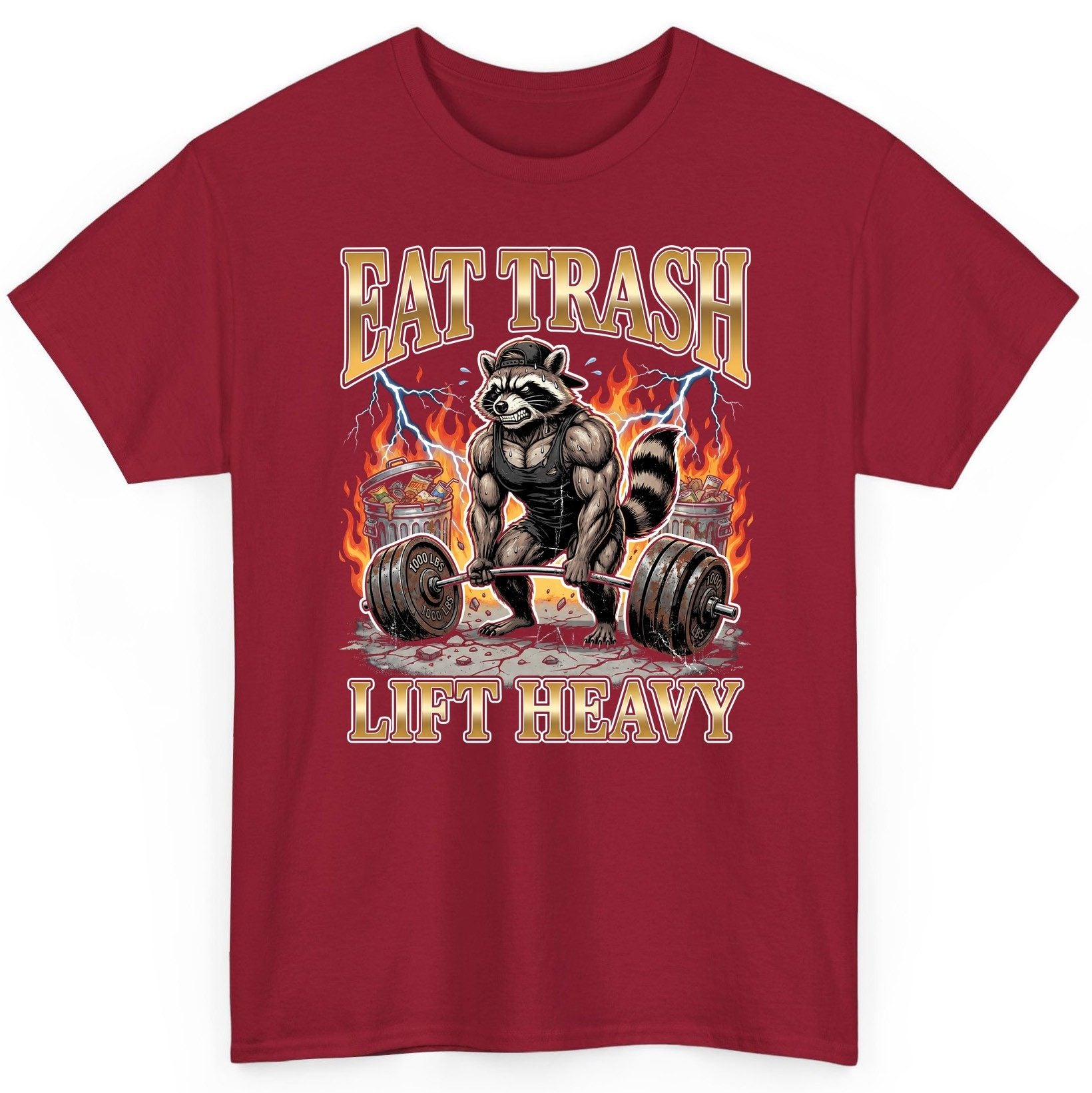 Eat Trash Lift Heavy weightlifting raccoon T-Shirt Cardinal Red product mockup
