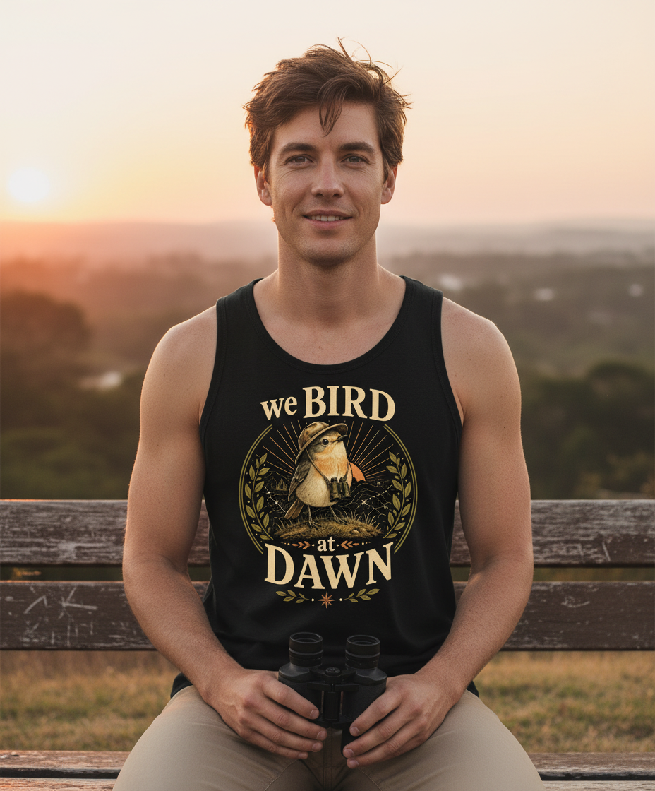 Funny We Bird At Dawn Tank Top - lifestyle model mockup - Black