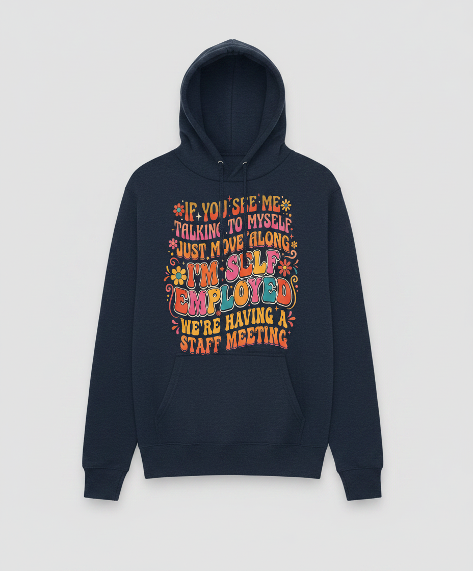 Funny Self-Employed Staff Meeting Retro 70s Quote Hoodie - Navy