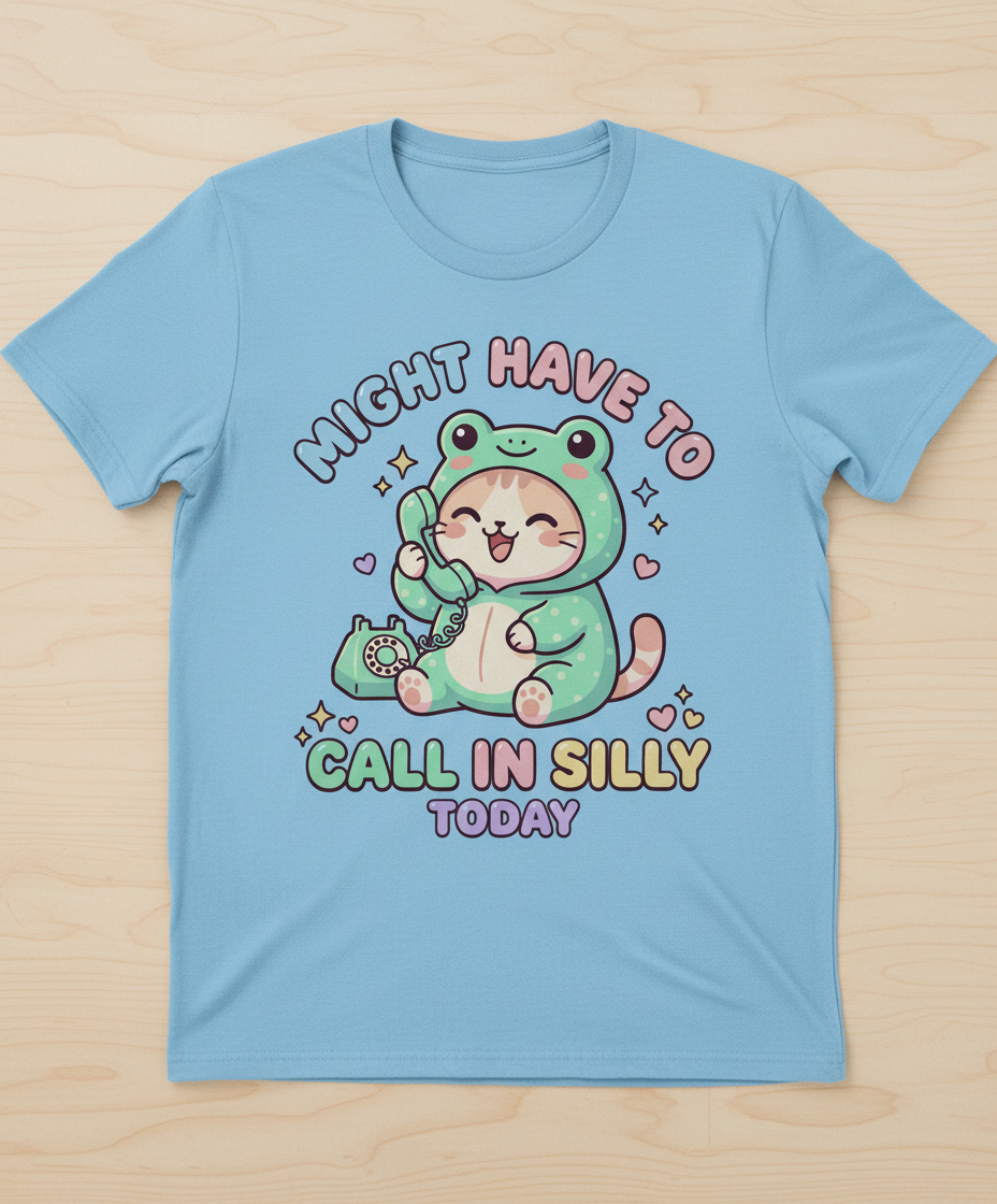 Kawaii Cat in Frog Costume Might Have To Call In Silly Today T-Shirt - Light Blue