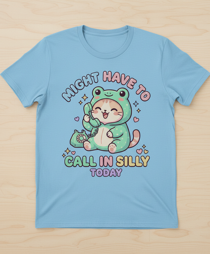 Kawaii Cat in Frog Costume Might Have To Call In Silly Today T-Shirt - Light Blue
