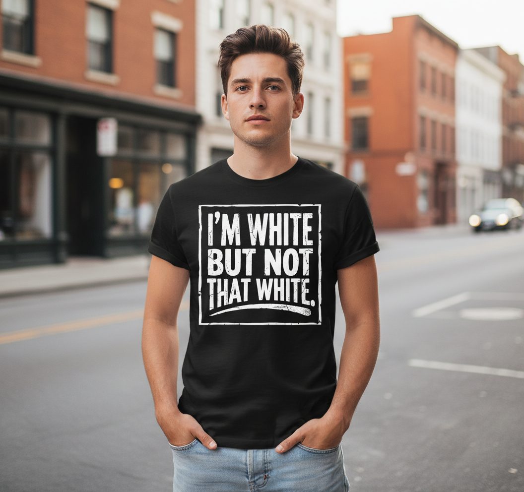 I'M WHITE BUT NOT THAT WHITE Funny Sarcastic Humor T-Shirt - lifestyle model mockup - Black