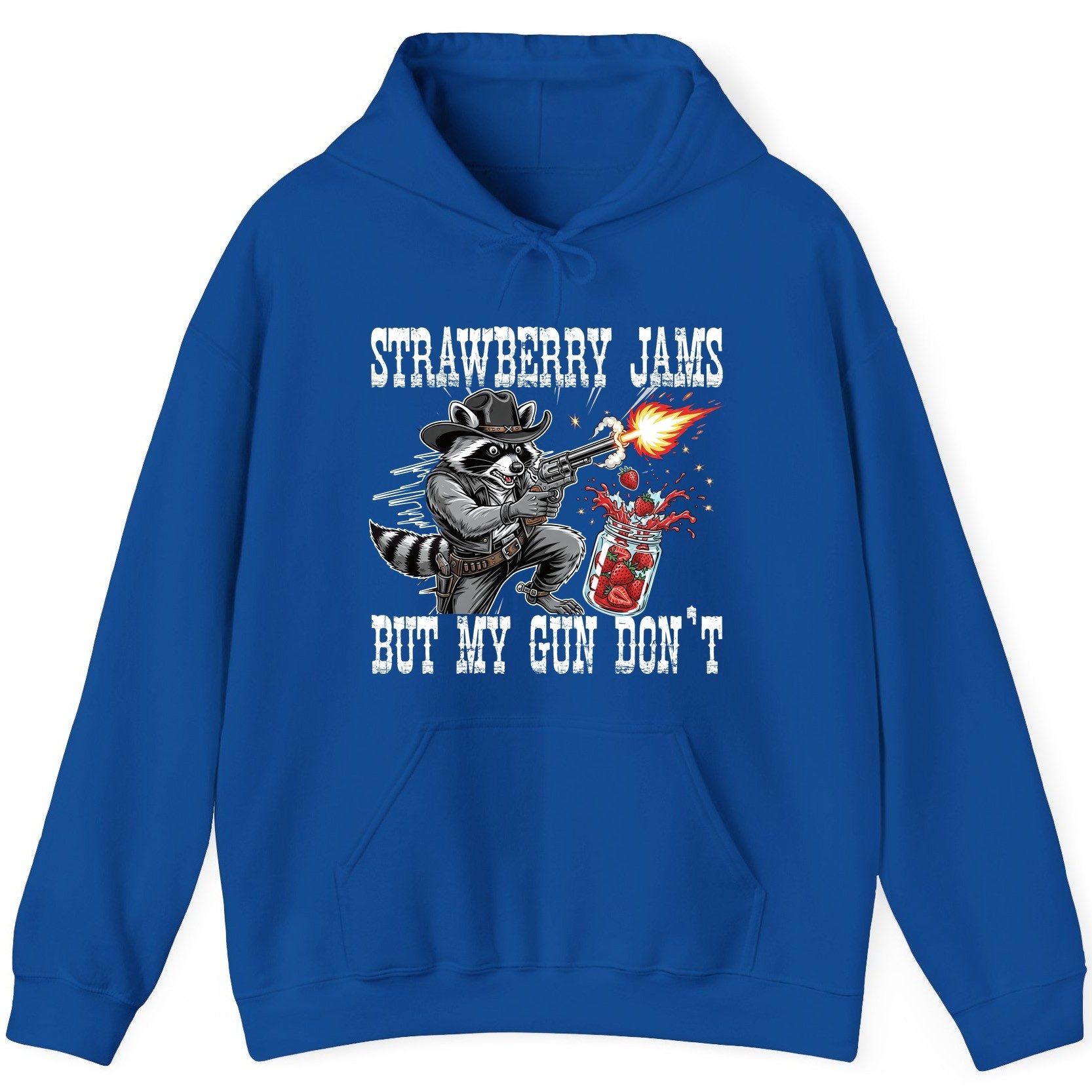Strawberry Jams but My Gun Don't raccoon Hoodie Royal product mockup