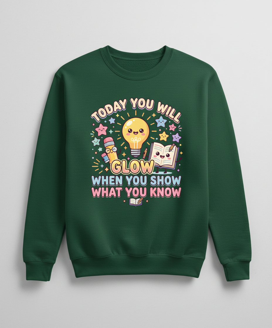 Kawaii School Characters 'Today You Will Glow' Motivational Design Sweatshirt - Forest Green