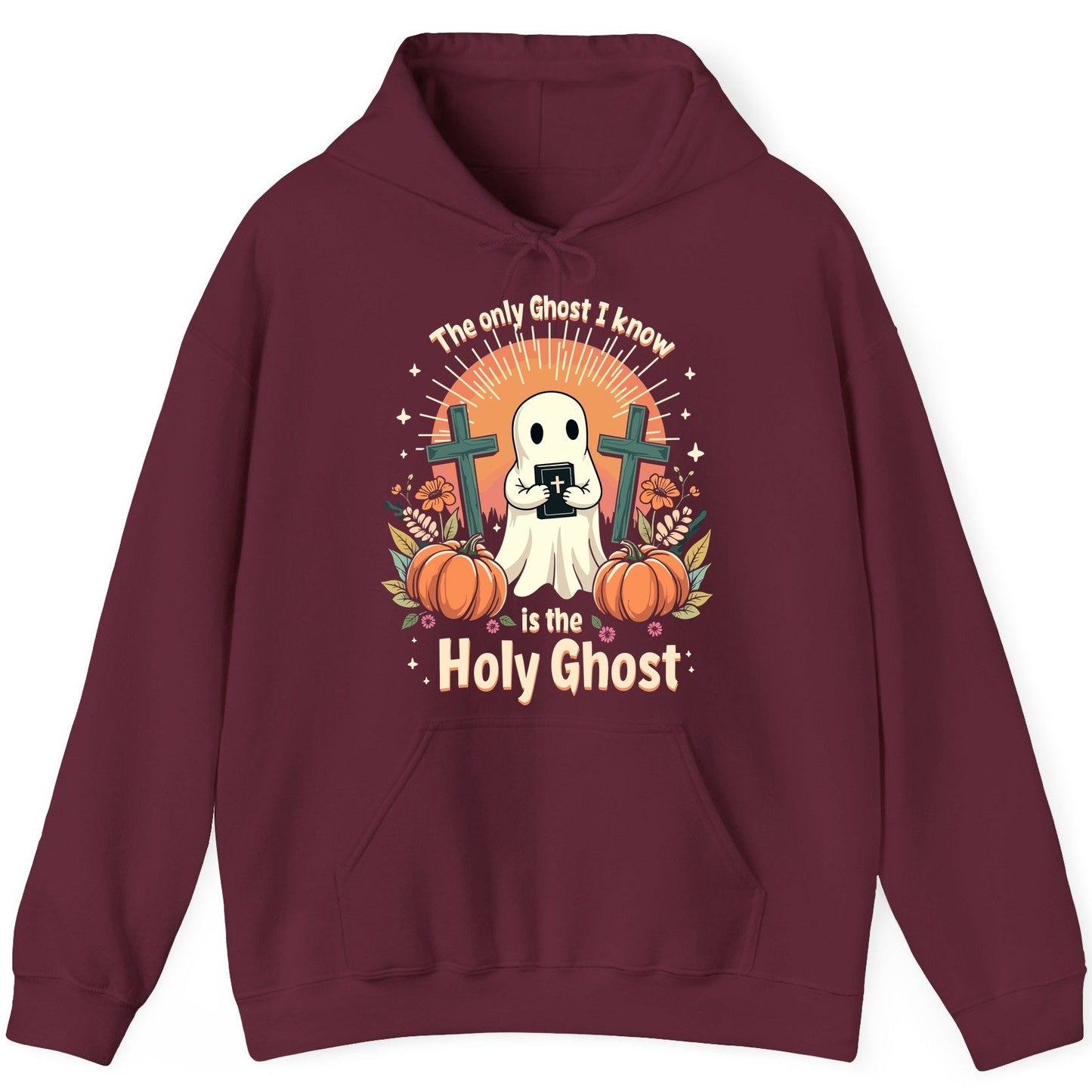 The Only Ghost I Know Is the Holy Ghost christian Halloween Hoodie Maroon product mockup