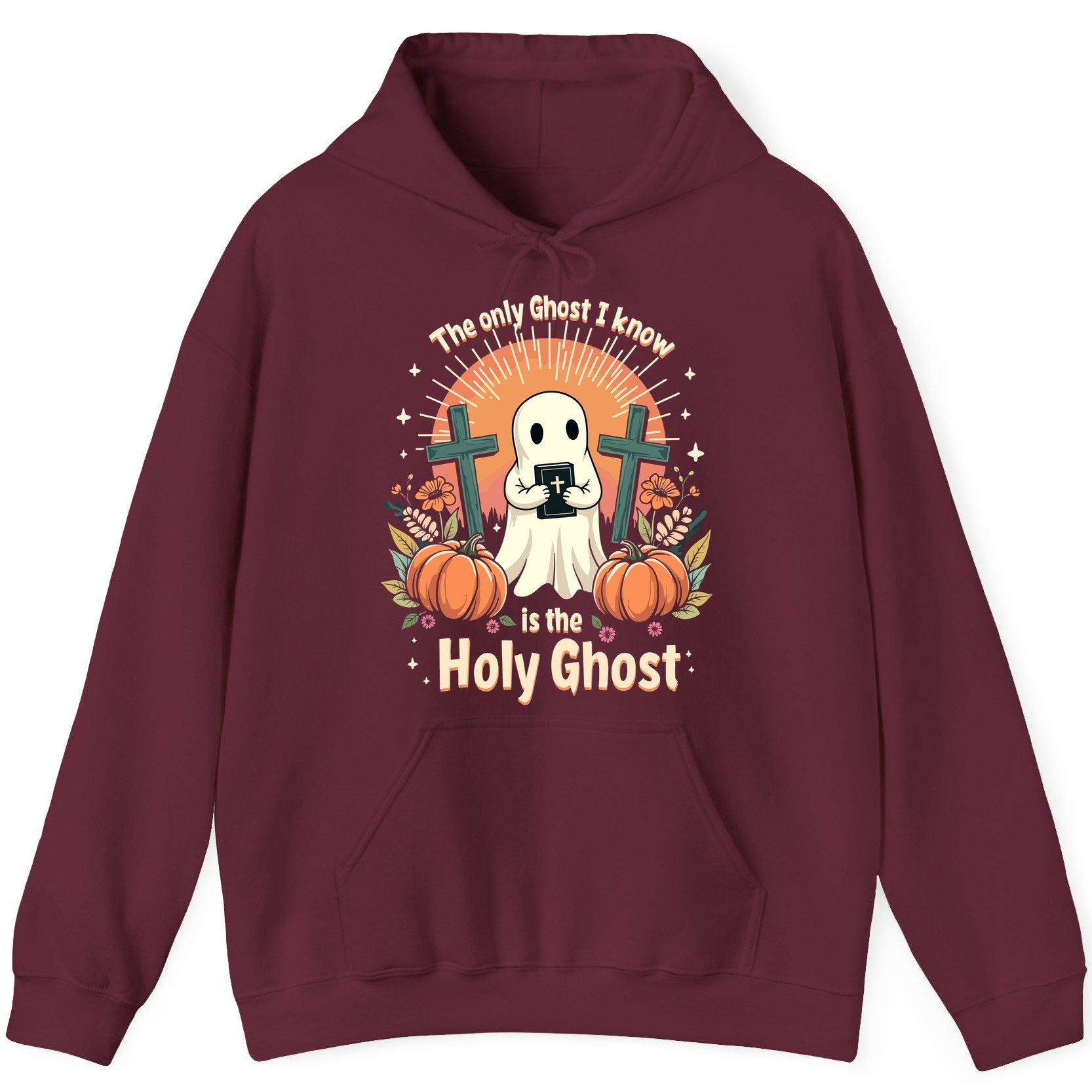 The Only Ghost I Know Is the Holy Ghost christian Halloween Hoodie Maroon product mockup
