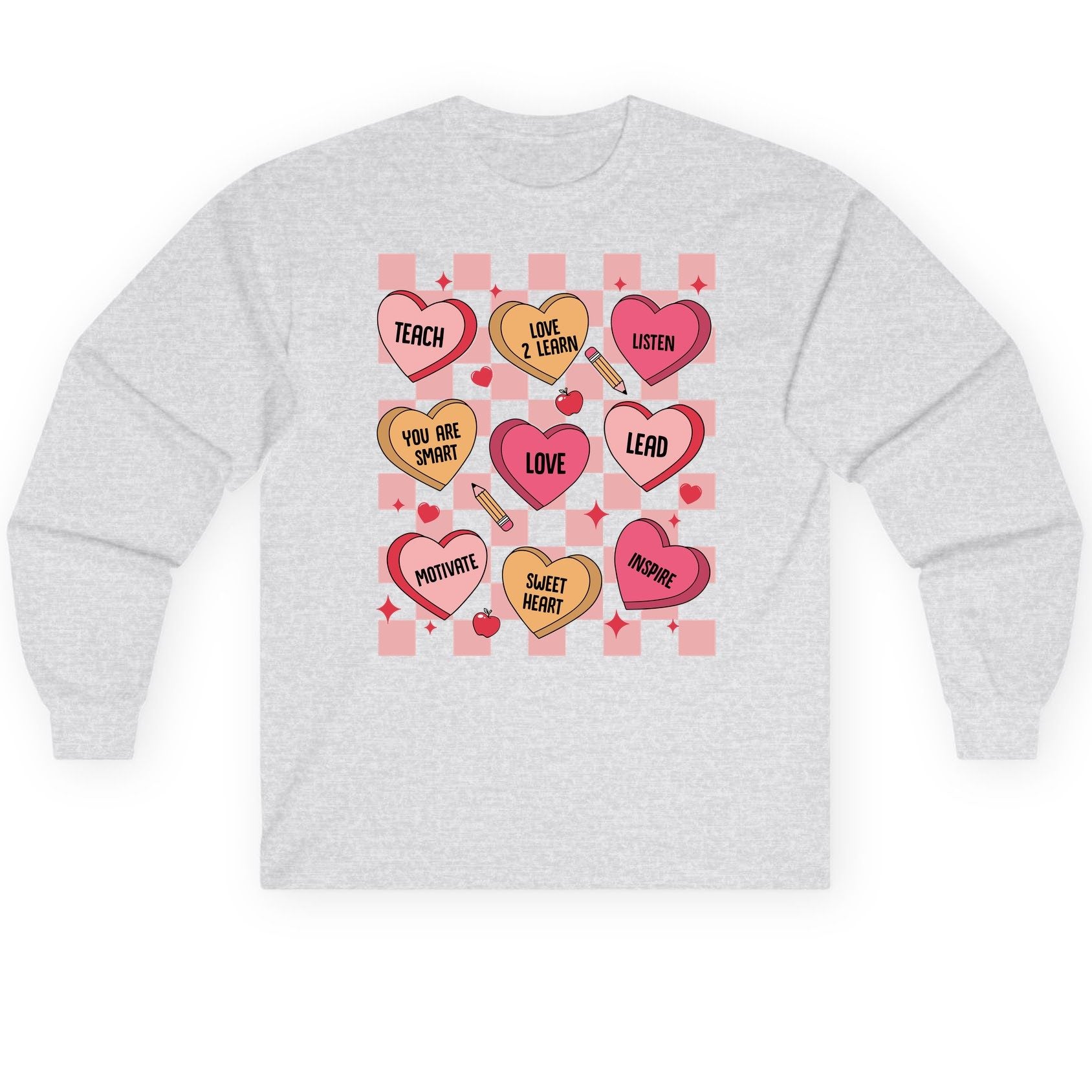 Inspirational Teacher Conversation Hearts teacher appreciation Long Sleeve Tee Ash product mockup