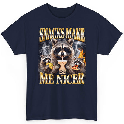 SNACKS MAKE ME NICER Funny Raccoon T-Shirt - product mockup - Navy