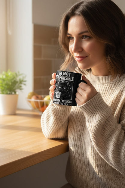 I'm Not Responsible for What My Face Does When You Talk Funny Sarcastic Cat Black Mug - lifestyle model mockup - Black