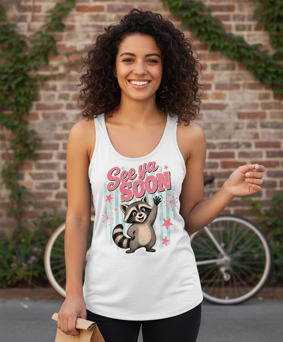 See Ya SOON Retro Raccoon Tank Top - lifestyle model mockup - White