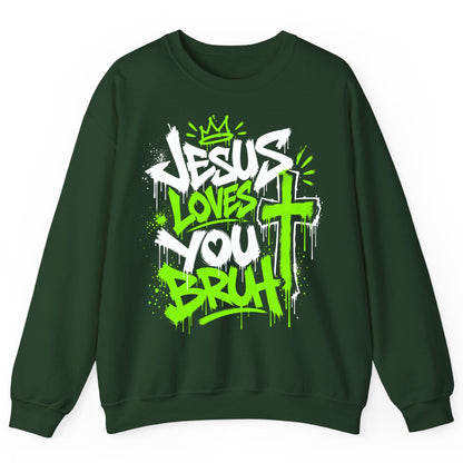 Jesus Loves You Bruh Christian Sweatshirt - product mockup - Forest Green