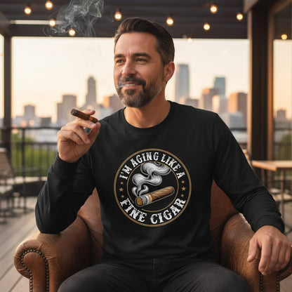 I'm Aging Like a Fine Cigar cigar smoking Long Sleeve Tee Black lifestyle mockup