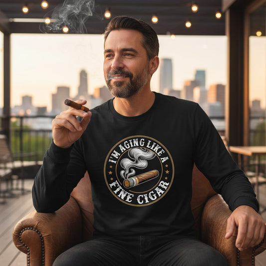 I'm Aging Like a Fine Cigar cigar smoking Long Sleeve Tee Black lifestyle mockup