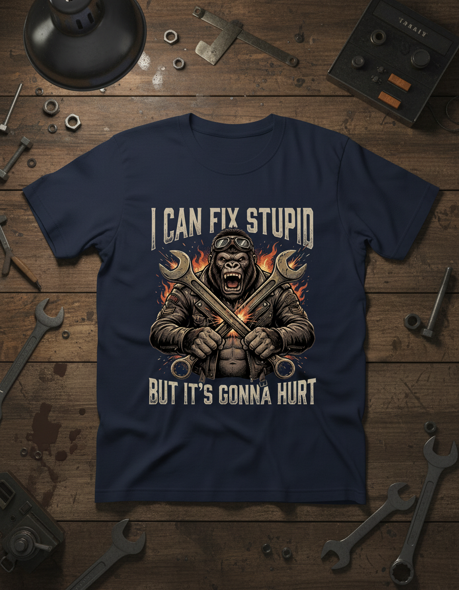 I Can Fix Stupid Gorilla Mechanic Biker Design T-Shirt - Navy