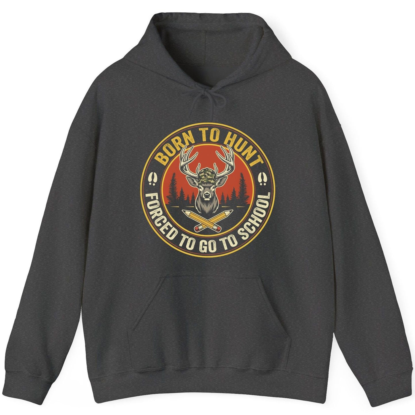 Born to Hunt Forced to Go to School hunting Hoodie Dark Heather product mockup