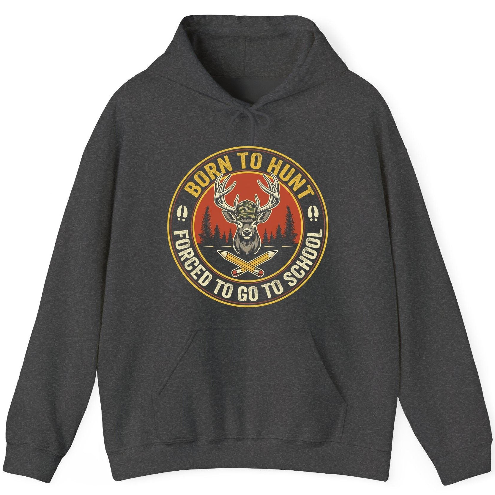Born to Hunt Forced to Go to School hunting Hoodie Dark Heather product mockup