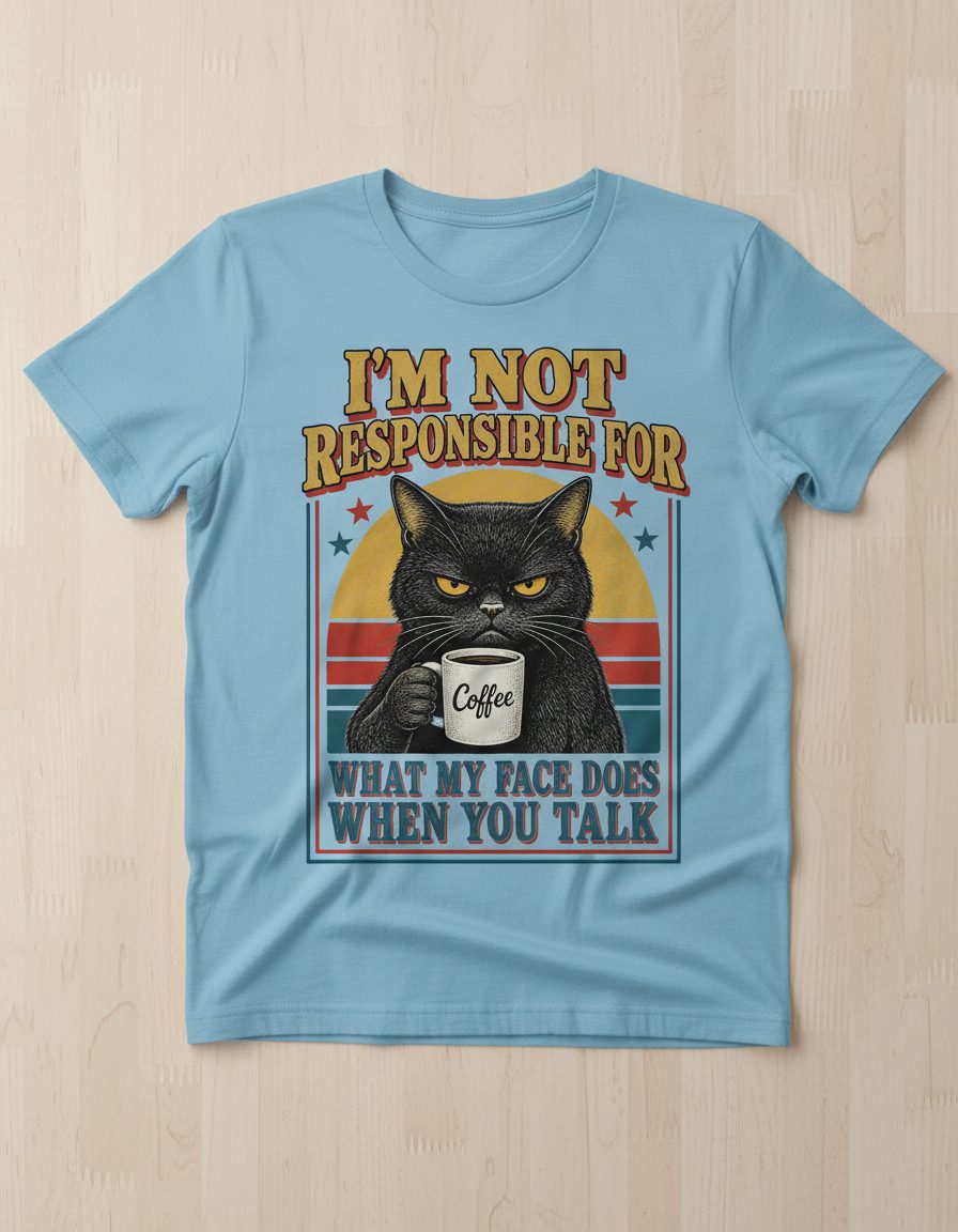 I'm Not Responsible for What My Face Does When You Talk Funny Sarcastic Cat T-Shirt - product mockup - Light Blue