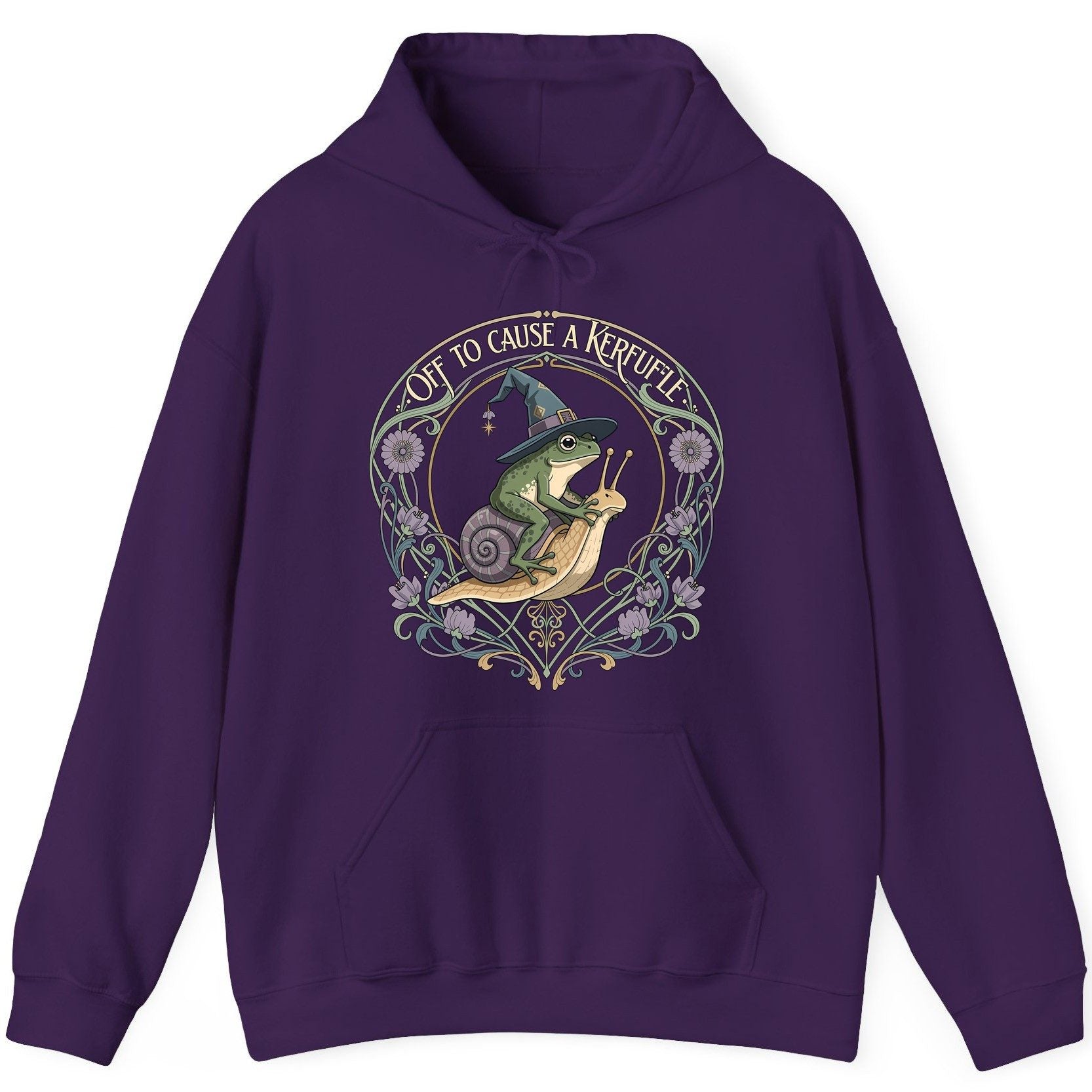 Off to Cause a Kerfuffle frog riding a snail Hoodie Purple product mockup