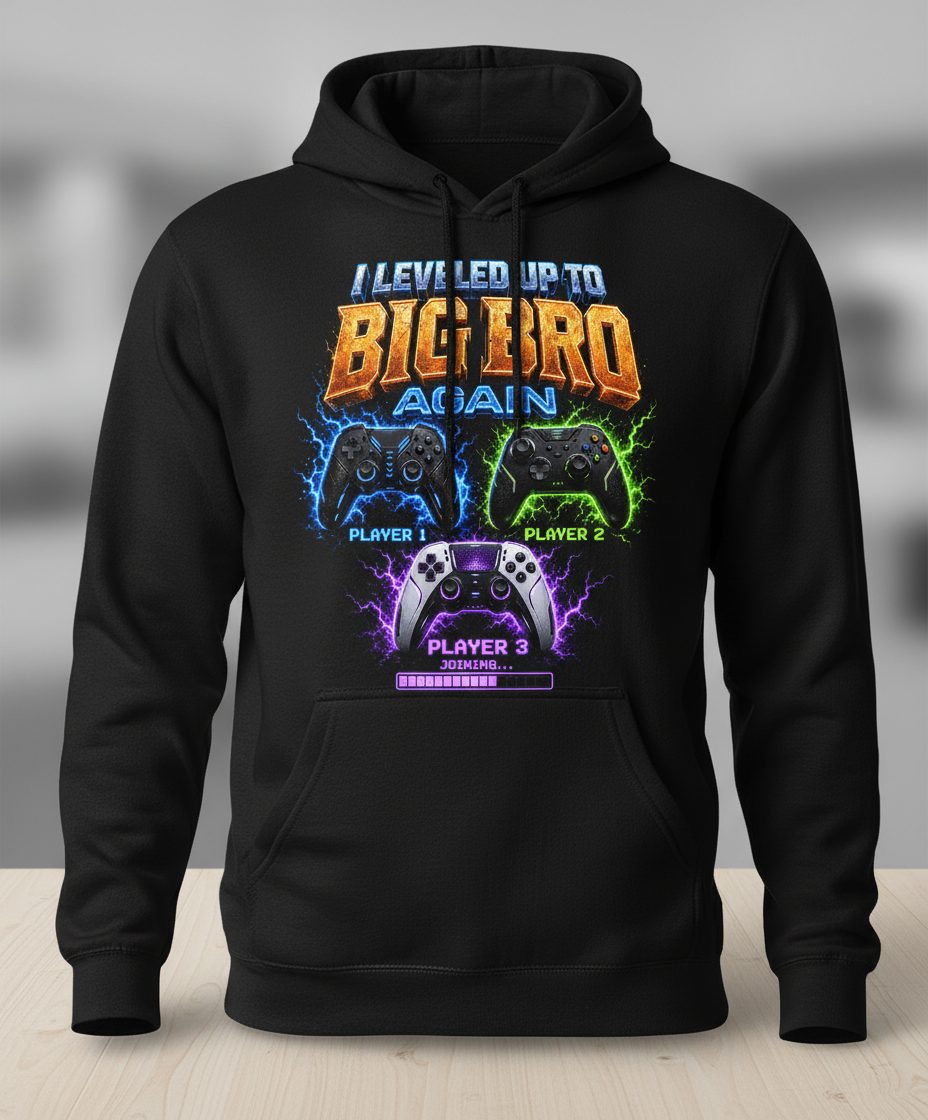 I Leveled Up to Big Bro Again Gamer Brother Hoodie - product mockup - Black
