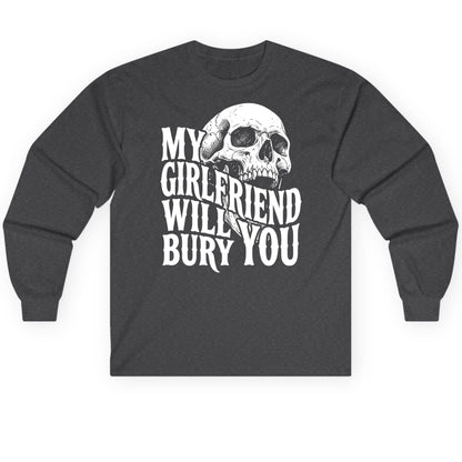 My Girlfriend Will Bury You skull Long Sleeve Tee Dark Heather product mockup