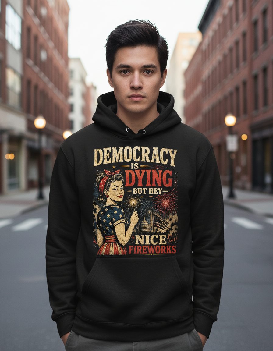 Democracy IS DYING BUT HEY NICE Fireworks Hoodie - lifestyle model mockup - Black