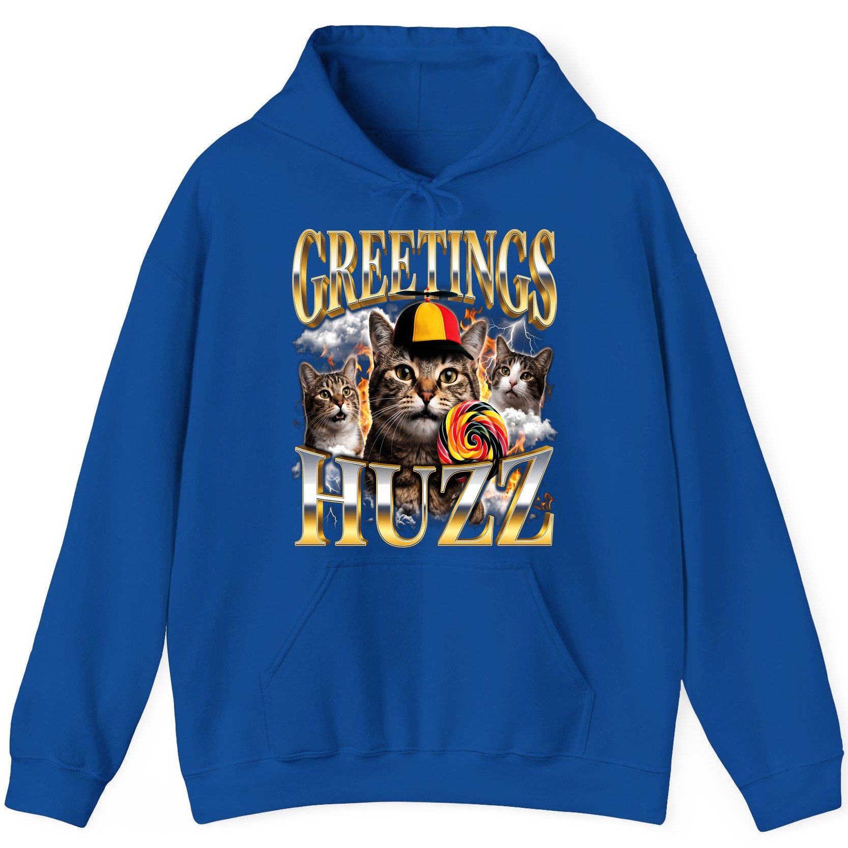 Greetings HUZZ Funny Cats Hoodie - product mockup - Royal