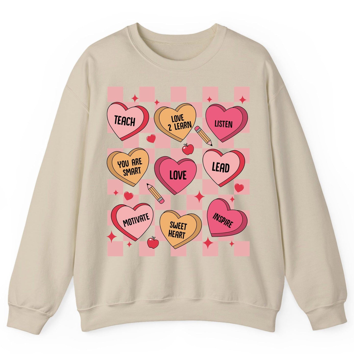 Inspirational Teacher Conversation Hearts teacher appreciation Sweatshirt Sand product mockup